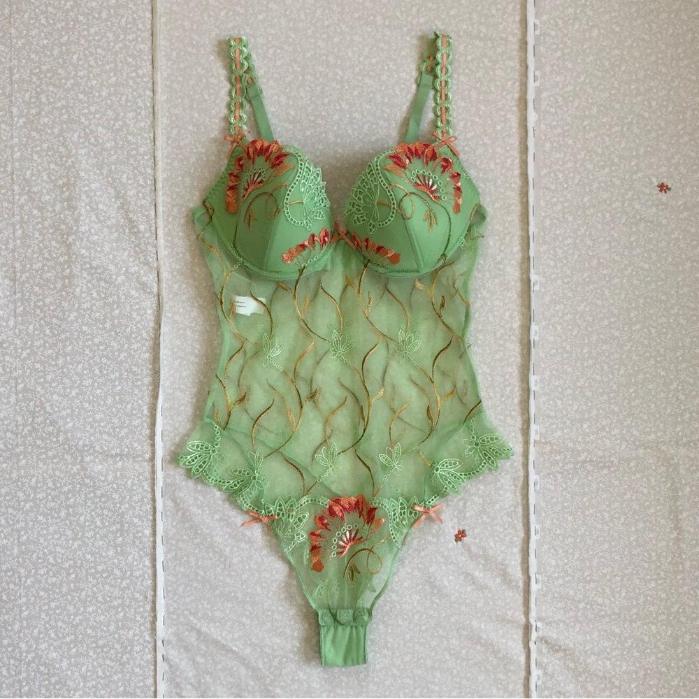 Simone Perele Mint Green Orange Floral Lace Embroidered Bodysuit
